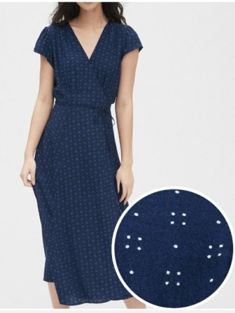 Gap Navy Dotted Cap Sleeve True Wrap Midi Dress